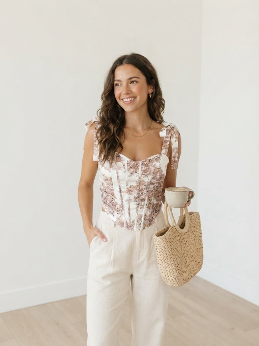 Fashion Nova Floral Tie-Shoulder Corset Top in Cream and Brown. Size XL